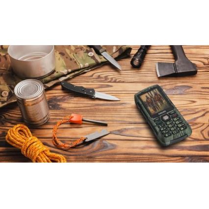 Evolveo - StrongPhone H1 atsparus vandeniui telefonas su dviem SIM kortelėmis, medžioklinis kamufliažas