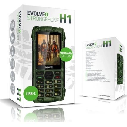 Evolveo - StrongPhone H1 atsparus vandeniui telefonas su dviem SIM kortelėmis, medžioklinis kamufliažas