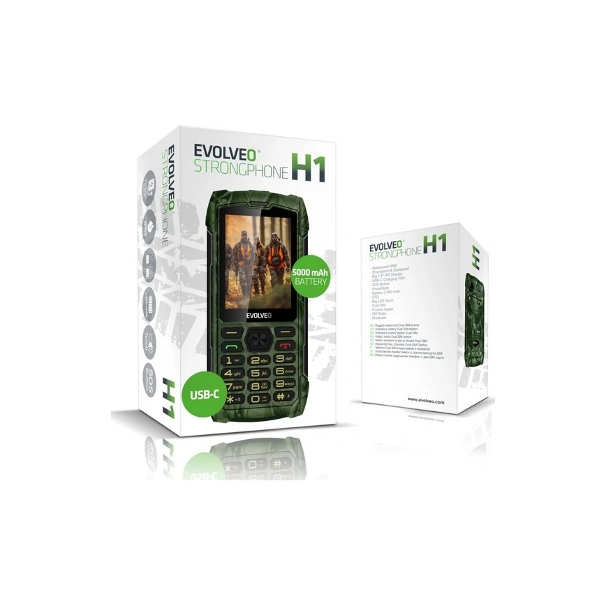 Evolveo - StrongPhone H1 atsparus vandeniui telefonas su dviem SIM kortelėmis, medžioklinis kamufliažas