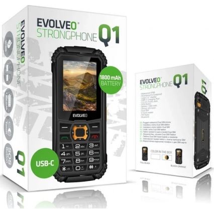 Evolveo - StrongPhone Q1, atsparus vandeniui dviejų SIM kortelių telefonas, juodas/oranžinis
