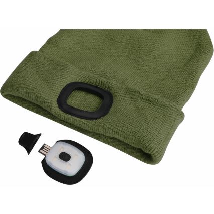 Extol - kepurė su galvos žibintuvėliu, įkraunama per USB (300 mAh), žalia, universalus dydis