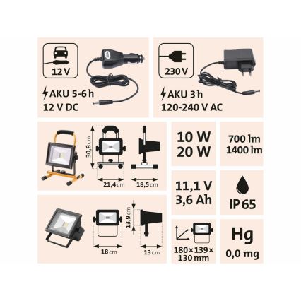 Extol – LED Įkraunamas prožektorius LED/20W/3600 mAh/11,1V IP65