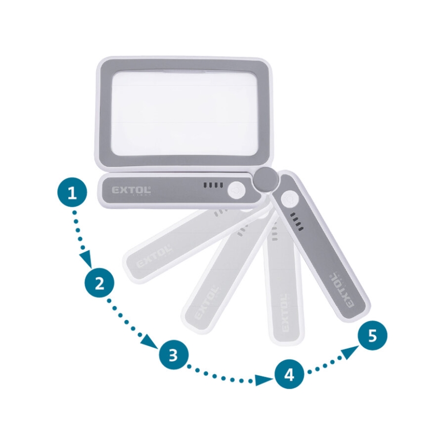 Extol - LED reguliuojama įkraunama sulankstoma lupa su LED apšvietimu/650 mAh balta/pilka