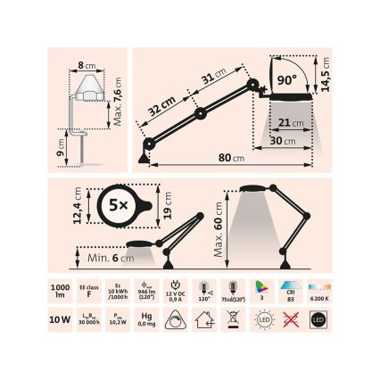 Extol - reguliuojama LED stalinė lempa su lupa LED/10W/230V balta