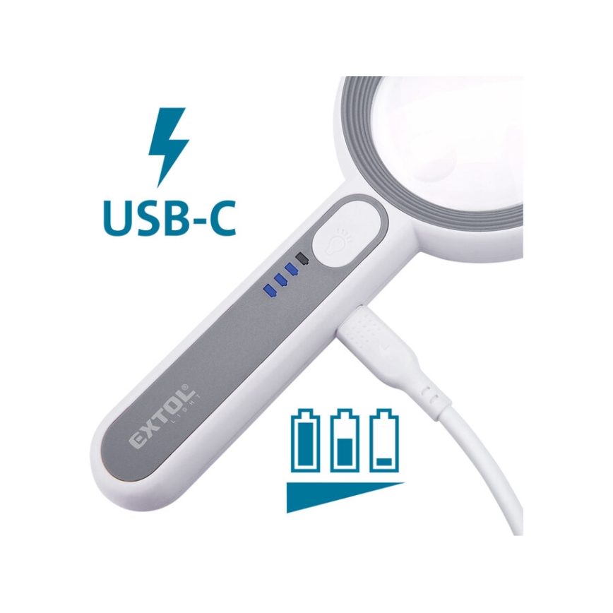 Extol - reguliuojamo ryškumo įkraunama lupa su LED apšvietimu/650 mAh balta/pilka