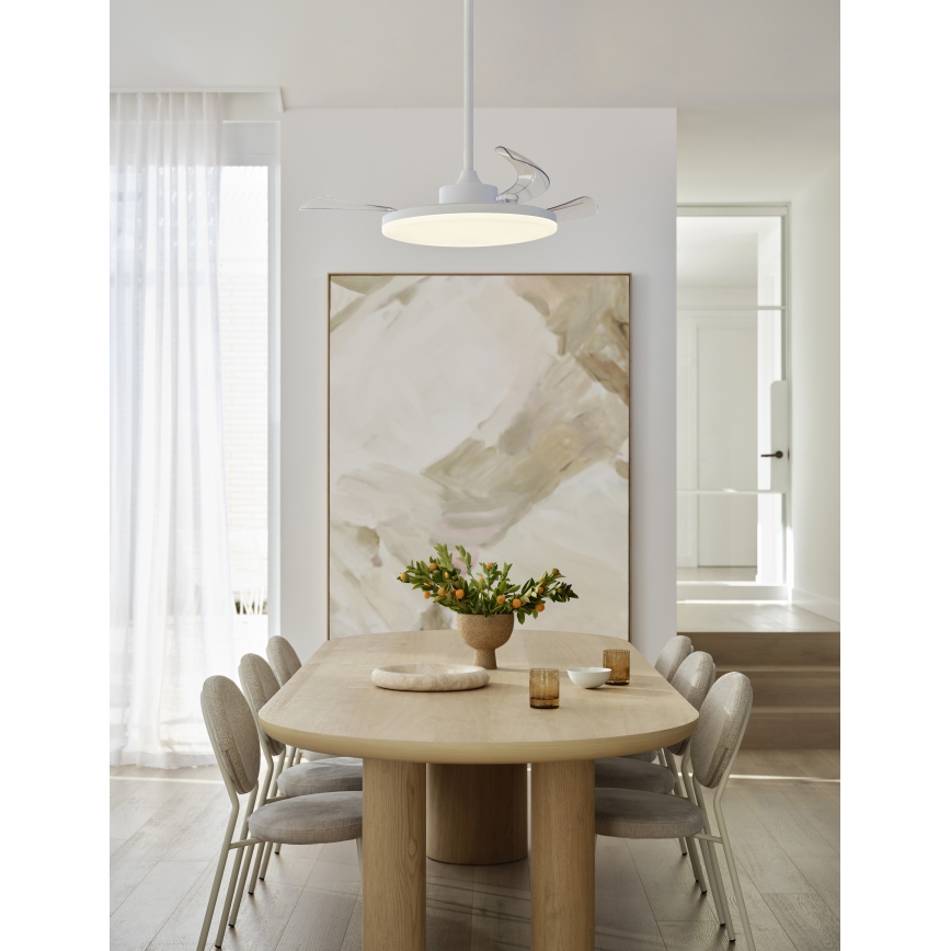 FANAWAY 21612949 - LED Reguliuojamas lubinis ventiliatorius STROLL LED/30W/230V 2700/3500/5000K diametras 106 cm balta/permatoma + nuotolinio valdymo pultas