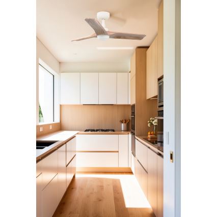 FARO 33805WT-1TW - Dimeriuojamas LED lubinis ventiliatorius HEYWOOD S LED/10W/230V 2700/3000/4000K mediena/balta skersmuo 90 cm Wi-Fi Tuya + nuotolinis valdymas