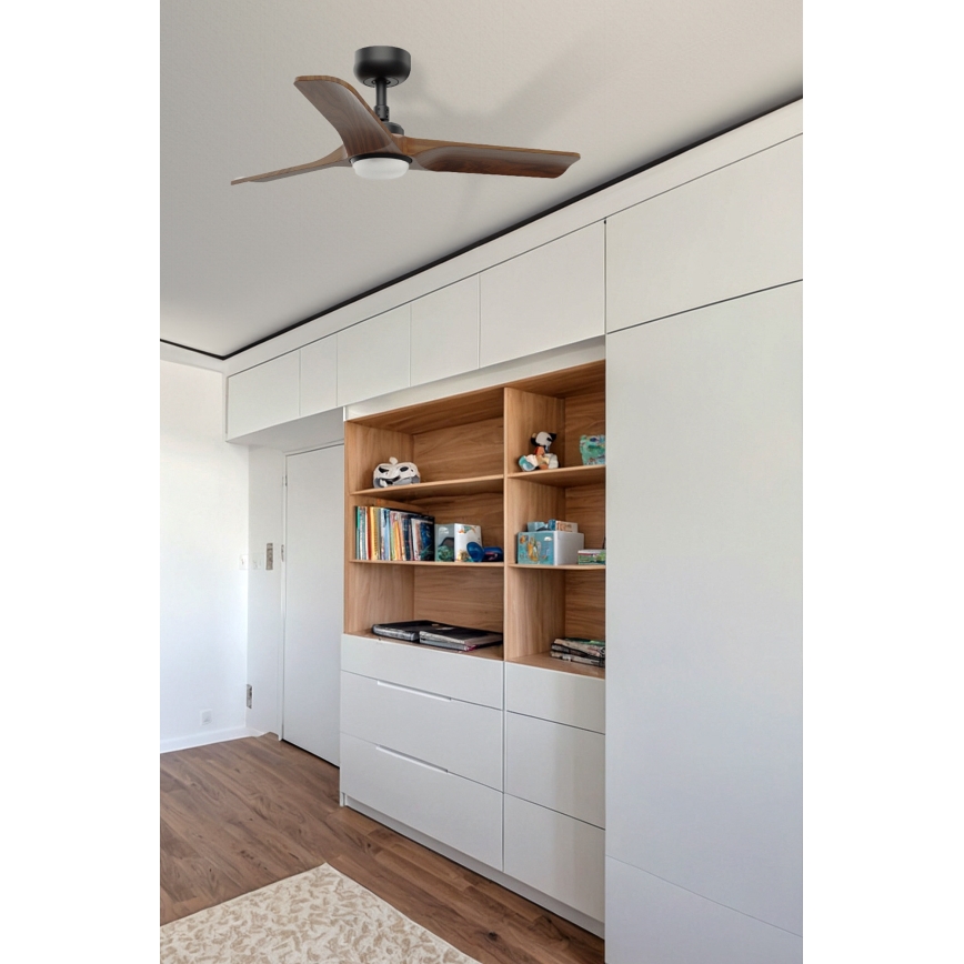 FARO 33806WT1S - dimeriuojamas LED lubinis ventiliatorius HEYWOOD S su LED/10 W/230 V 2700/3000/4000 K, skersmuo 90 cm, mediena/juoda, Wi‑Fi Tuya + nuotolinis valdymas