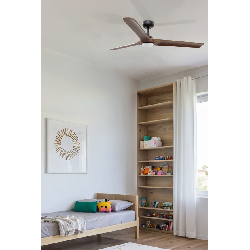 FARO 33809WT1S - LED lubinis ventiliatorius HEYWOOD L su reguliuojamu apšvietimu LED/10W/230V 2700/3000/4000K skersm. 132 cm medžio/juoda Wi-Fi Tuya + nuotolinis pultas