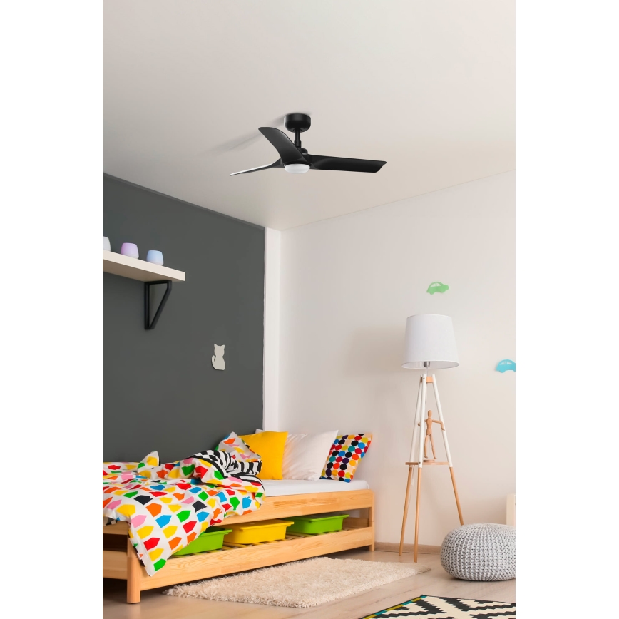 FARO 33825-1TW - Dimeriuojamas LED lubų ventiliatorius HEY S LED/10W/230V 2700/3000/4000K juodas, skersmuo 90 cm + nuotolinis valdymas