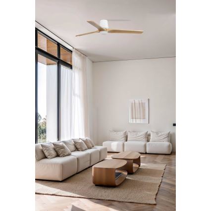 FARO 33838WT-1TW - LED Reguliuojamas lubinis ventiliatorius HEYWOOD TUB L LED/10W/230V 2700/4000/6000K pušis/balta diametras 132 cm Wi-Fi Tuya + nuotolinio valdymo pultas