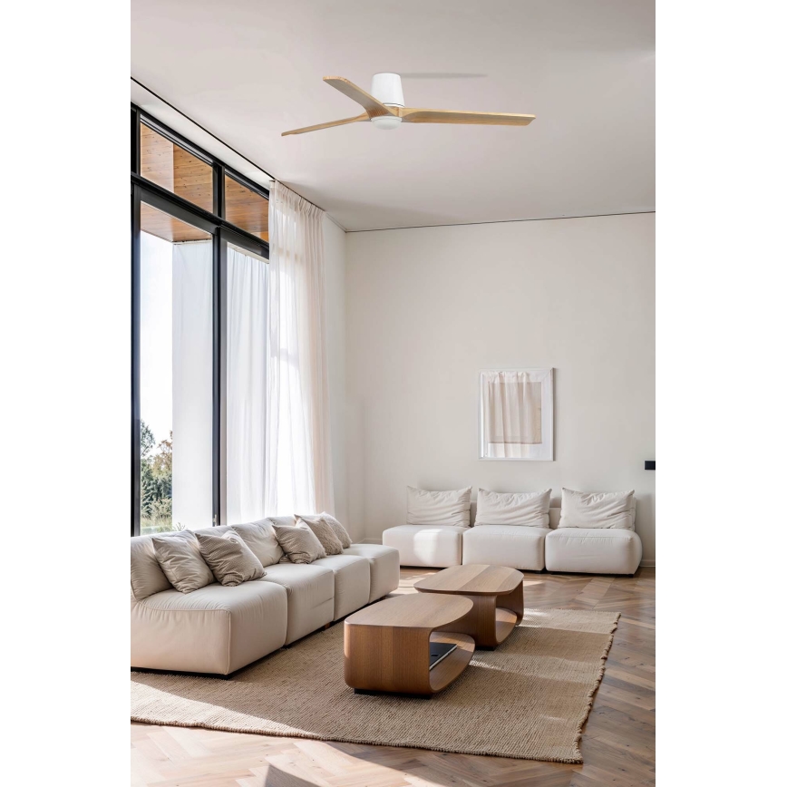 FARO 33838WT-1TW - LED Reguliuojamas lubinis ventiliatorius HEYWOOD TUB L LED/10W/230V 2700/4000/6000K pušis/balta diametras 132 cm Wi-Fi Tuya + nuotolinio valdymo pultas