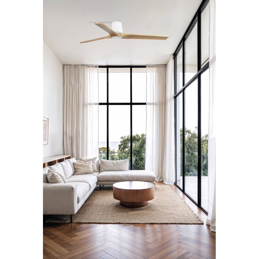 FARO 33838WT - Lubinis ventiliatorius HEYWOOD TUB L pušis/balta diametras 132 cm Wi-Fi Tuya + nuotolinio valdymo pultas