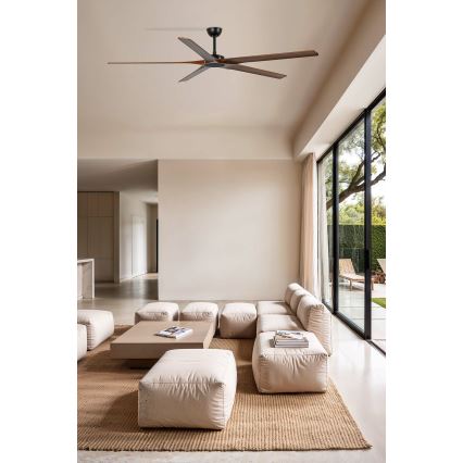 FARO 34190WT - Lubinis ventiliatorius BIGWOOD XL pušies/juodos spalvos, skersmuo 200 cm, Wi-Fi Tuya + nuotolinio valdymo pultas