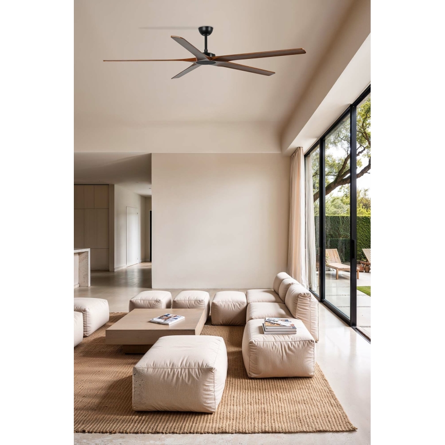 FARO 34190WT - Lubinis ventiliatorius BIGWOOD XL pušies/juodos spalvos, skersmuo 200 cm, Wi-Fi Tuya + nuotolinio valdymo pultas