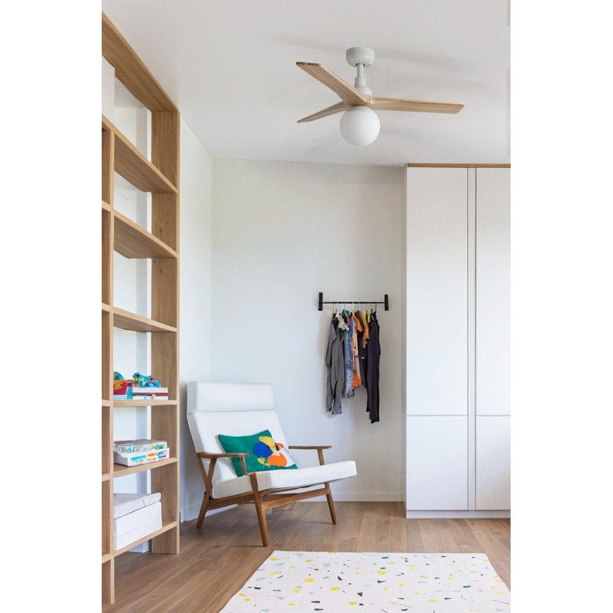 FARO 34281WT-11L - Lubinis ventiliatorius KLIM S 1xE27/15W/230V pušis/balta skersmuo 92,5 cm Wi-Fi Tuya + nuotolinis valdymas