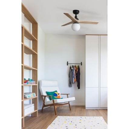 FARO 34284WT-11L - Lubinis ventiliatorius KLIM S 1xE27/15W/230V pušis/juoda diametras 92,5 cm Wi-Fi Tuya + nuotolinio valdymo pultas