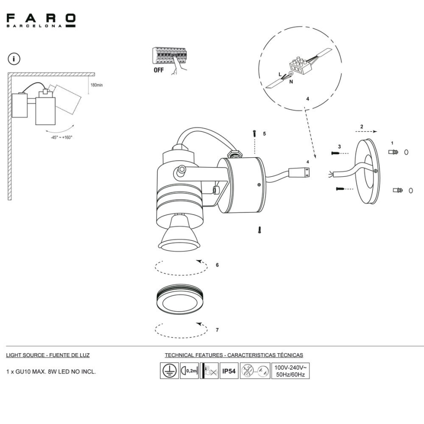 FARO 70260 - Lauko sieninis šviestuvas LIT 1xGU10/8W/230V IP54
