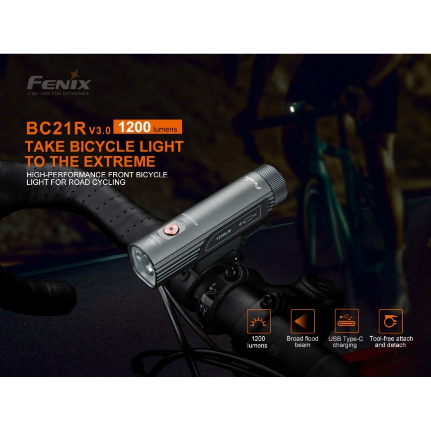 Fenix BC21RV30 - LED įkraunamas dviračio žibintas LED/USB IP68 1200 lm 33 val.