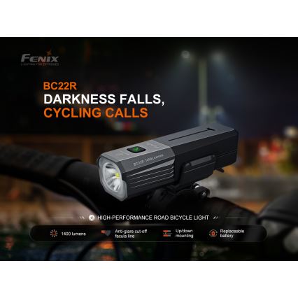 Fenix BC22R - reguliuojamas įkraunamas dviračio žibintas LED/USB 3400 mAh IP66 1400 lm 41 val. juoda
