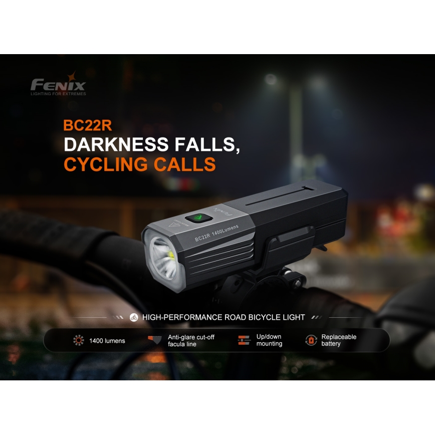 Fenix BC22R - reguliuojamas įkraunamas dviračio žibintas LED/USB 3400 mAh IP66 1400 lm 41 val. juoda