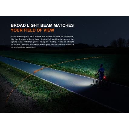Fenix BC22R - reguliuojamas įkraunamas dviračio žibintas LED/USB 3400 mAh IP66 1400 lm 41 val. juoda