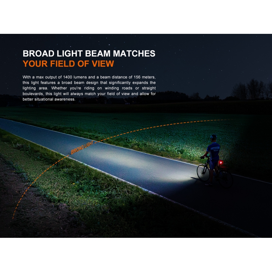 Fenix BC22R - reguliuojamas įkraunamas dviračio žibintas LED/USB 3400 mAh IP66 1400 lm 41 val. juoda