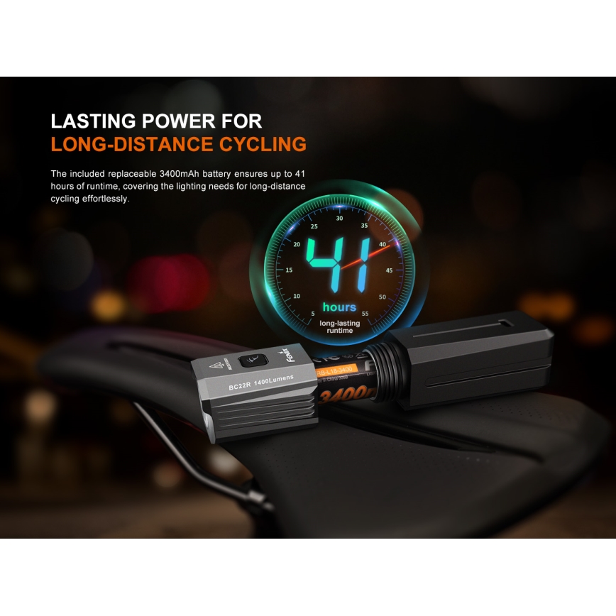 Fenix BC22R - reguliuojamas įkraunamas dviračio žibintas LED/USB 3400 mAh IP66 1400 lm 41 val. juoda