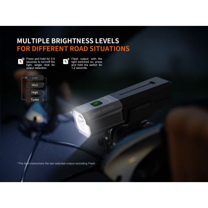 Fenix BC22R - reguliuojamas įkraunamas dviračio žibintas LED/USB 3400 mAh IP66 1400 lm 41 val. juoda
