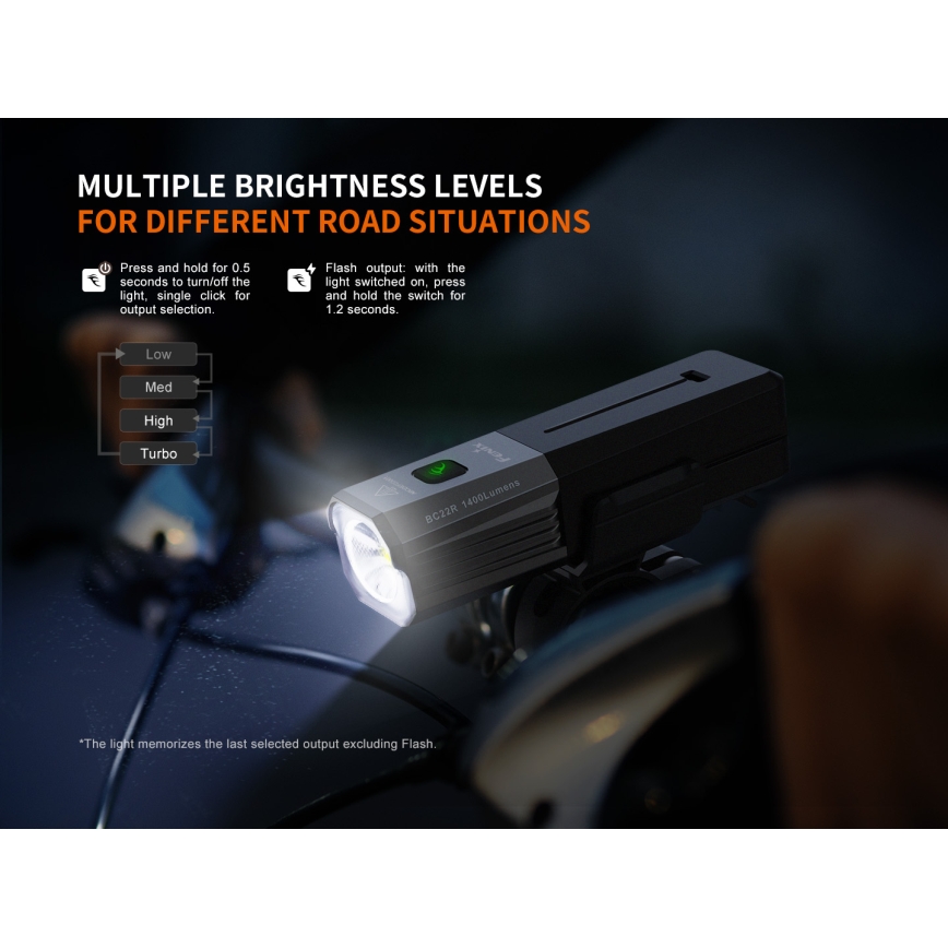 Fenix BC22R - reguliuojamas įkraunamas dviračio žibintas LED/USB 3400 mAh IP66 1400 lm 41 val. juoda
