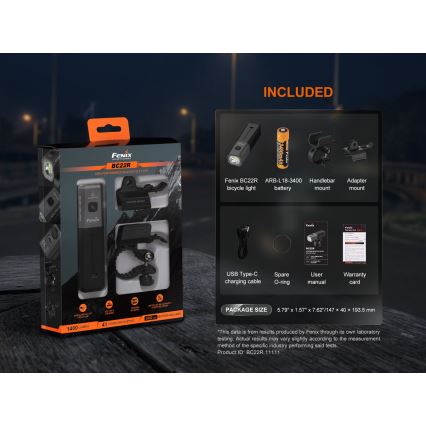 Fenix BC22R - reguliuojamas įkraunamas dviračio žibintas LED/USB 3400 mAh IP66 1400 lm 41 val. juoda