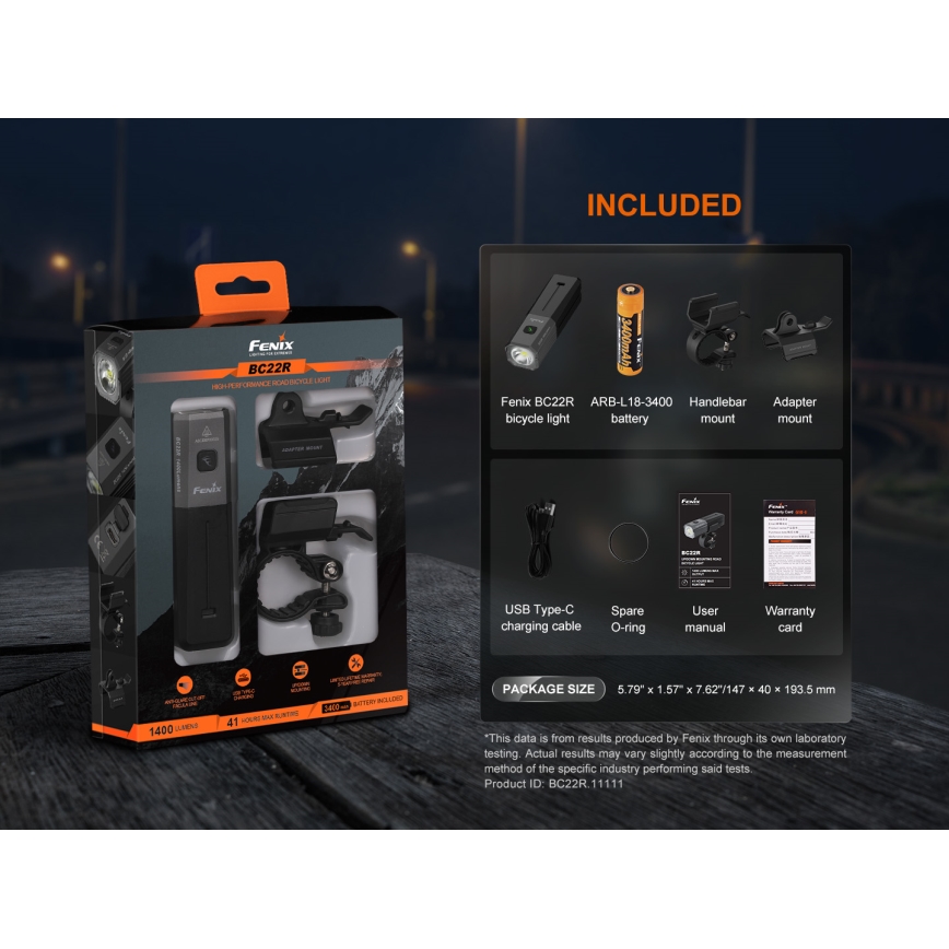 Fenix BC22R - reguliuojamas įkraunamas dviračio žibintas LED/USB 3400 mAh IP66 1400 lm 41 val. juoda