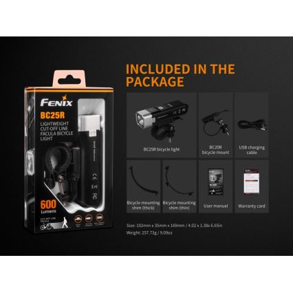 Fenix BC25R - LED Įkraunamas dviračio žibintas  LED/USB IP66 600 lm 36 valandų