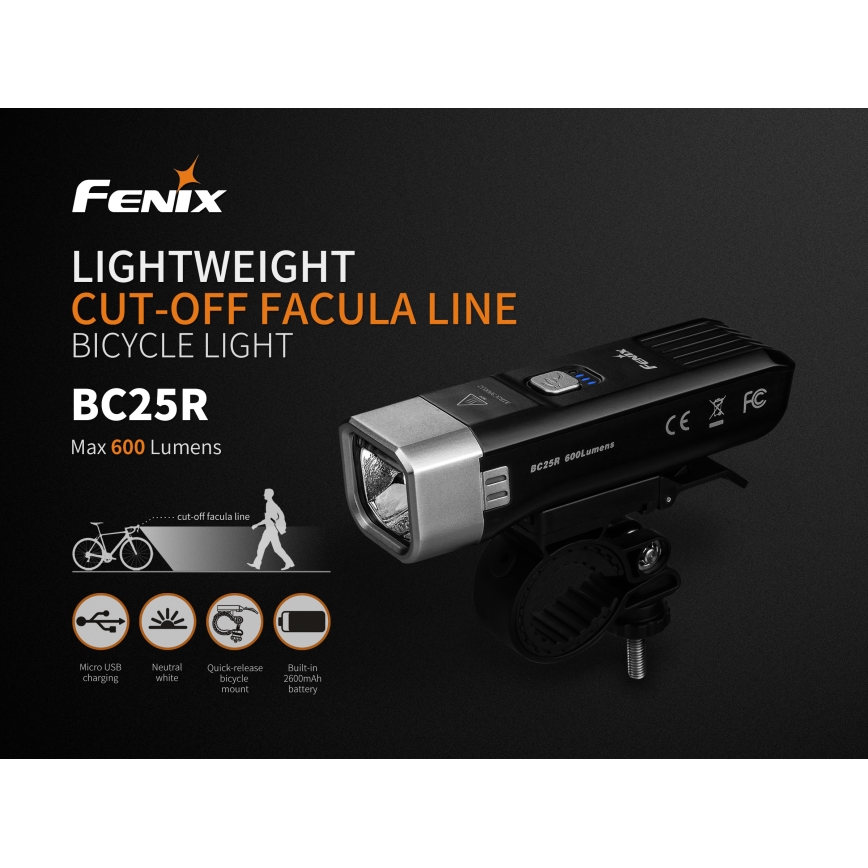 Fenix BC25R - LED Įkraunamas dviračio žibintas  LED/USB IP66 600 lm 36 valandų