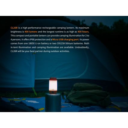 Fenix CL26RRED - LED Pritemdomas nešiojamas įkraunamas lempa LED/USB/2xCR123A IP66 400 blizgus 400 h 2600 mAh oranžinė