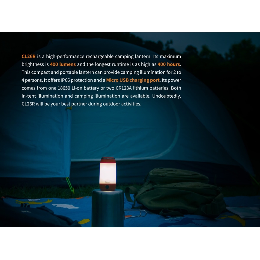 Fenix CL26RRED - LED Pritemdomas nešiojamas įkraunamas lempa LED/USB/2xCR123A IP66 400 blizgus 400 h 2600 mAh oranžinė