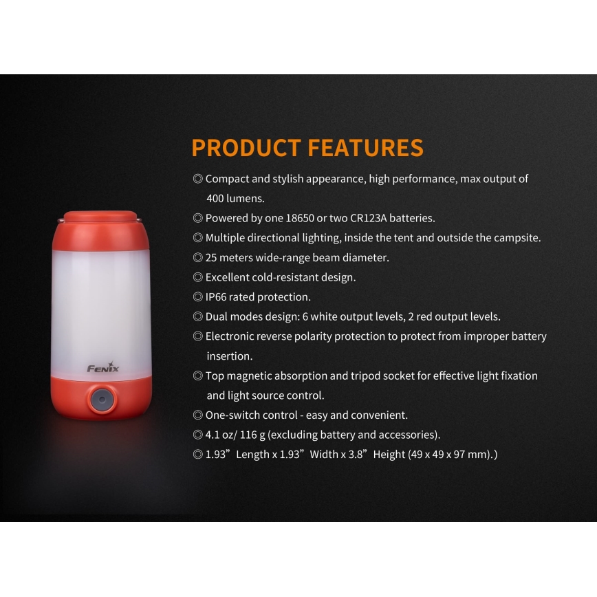 Fenix CL26RRED - LED Pritemdomas nešiojamas įkraunamas lempa LED/USB/2xCR123A IP66 400 blizgus 400 h 2600 mAh oranžinė