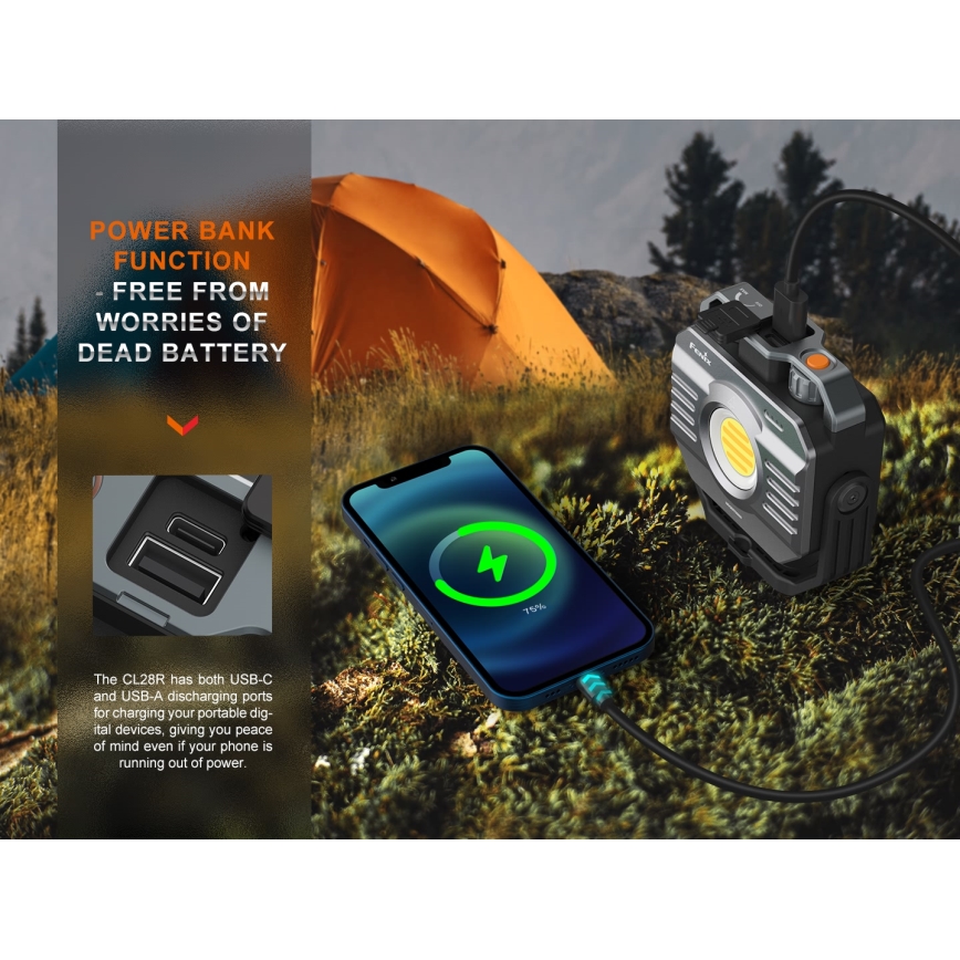 Fenix CL28R - LED Pritemdomas įkraunamas Prožektoriaus šviestuvas su maitinimo banku LED/USB IP66 2000 blizgus 360 h 10000 mAh