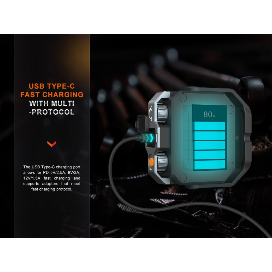 Fenix CL28R - LED Pritemdomas įkraunamas Prožektoriaus šviestuvas su maitinimo banku LED/USB IP66 2000 blizgus 360 h 10000 mAh