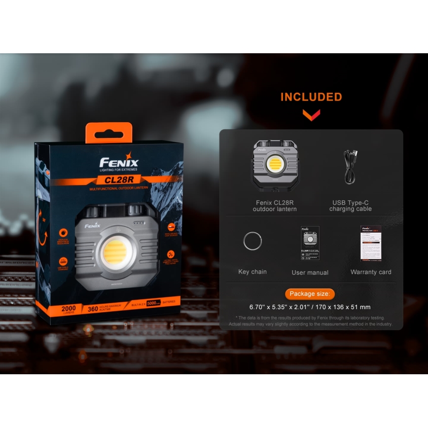 Fenix CL28R - LED Pritemdomas įkraunamas Prožektoriaus šviestuvas su maitinimo banku LED/USB IP66 2000 blizgus 360 h 10000 mAh