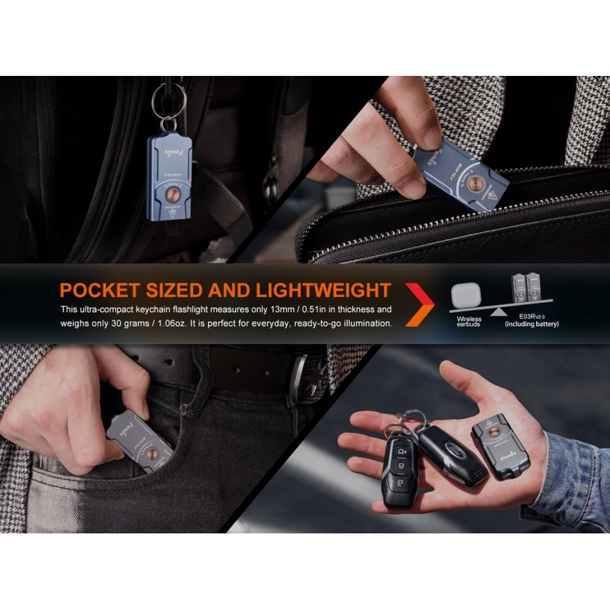 Fenix E03RV20BLU - LED pakraunamas žibintuvėlis LED/USB IP66 500 lm 30 h 400 mAh
