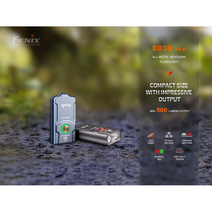 Fenix E03RV20GREY - LED pakraunamas žibintuvėlis LED/USB IP66 500 blizgus 30 h 400 mAh