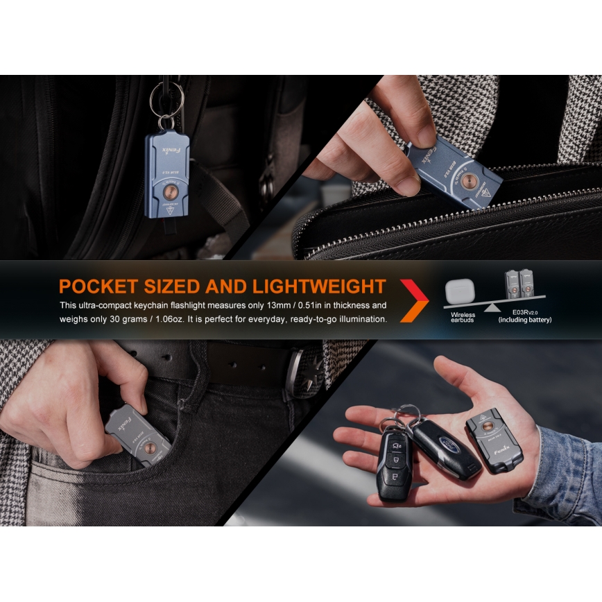 Fenix E03RV20GREY - LED pakraunamas žibintuvėlis LED/USB IP66 500 blizgus 30 h 400 mAh
