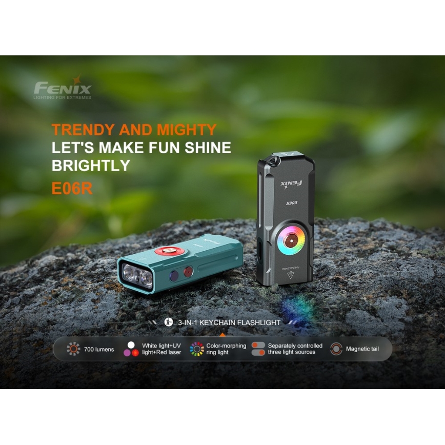 Fenix E06RGRY - LED Pritemdomas įkraunamas žibintuvėlis UV LED/USB IP66 700 blizgus 60 h pilka