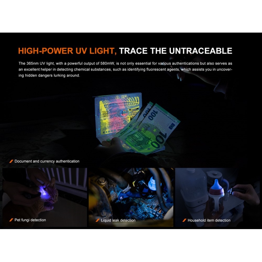 Fenix E06RGRY - LED Pritemdomas įkraunamas žibintuvėlis UV LED/USB IP66 700 blizgus 60 h pilka