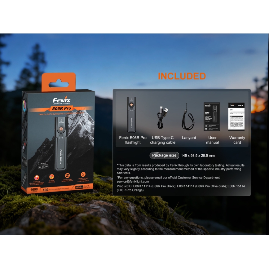 Fenix E06RPROEUBLC- reguliuojamo ryškumo įkraunamas LED žibintuvėlis LED/USB 1650 mAh IP66 1600 lm 111 h juodas