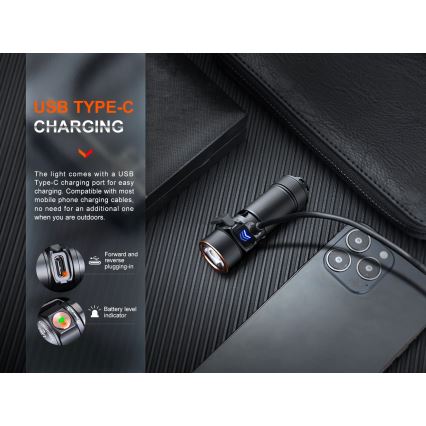 Fenix E18RV20800 - LED su reguliuojamu ryškumu įkraunamas žibintuvėlis LED/USB/1xCR123A 800 mAh IP68 1200 lm 200 val. juodas