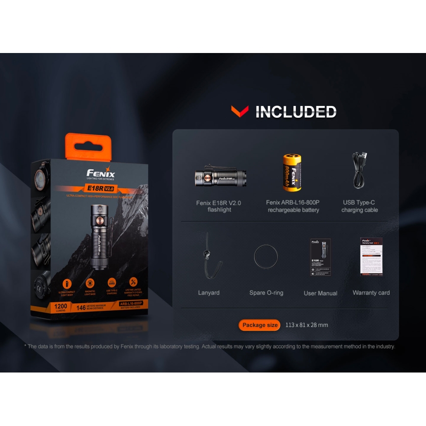 Fenix E18RV20800 - LED su reguliuojamu ryškumu įkraunamas žibintuvėlis LED/USB/1xCR123A 800 mAh IP68 1200 lm 200 val. juodas