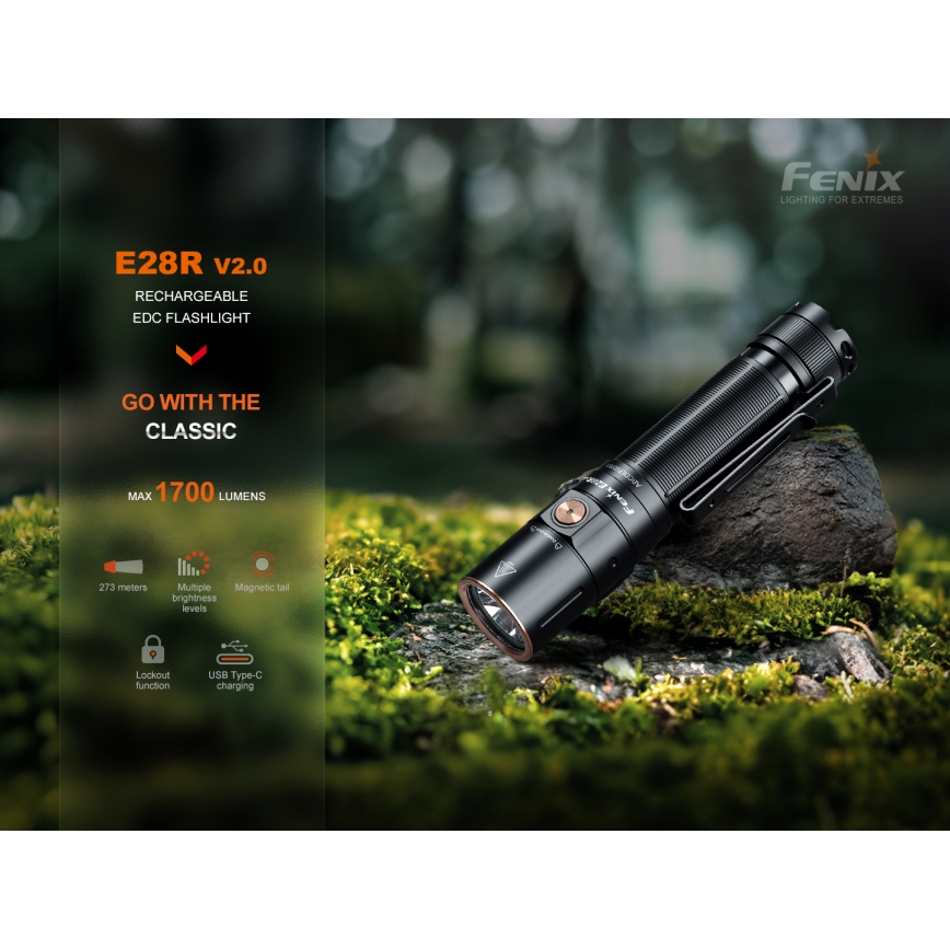 Fenix E28RV20 - LED Pritemdomas įkraunamas žibintuvėlis LED/USB/2xCR123A IP68 1700 blizgus 260 h 3400 mAh