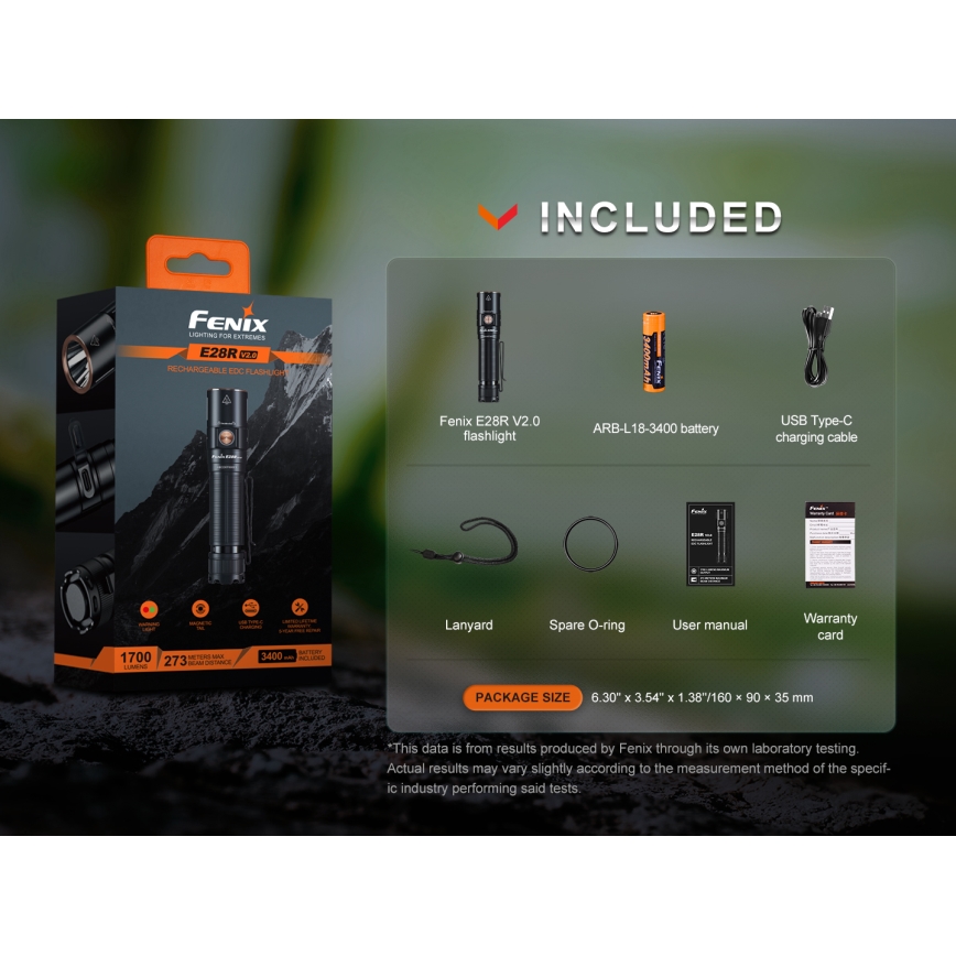 Fenix E28RV20 - LED Pritemdomas įkraunamas žibintuvėlis LED/USB/2xCR123A IP68 1700 blizgus 260 h 3400 mAh
